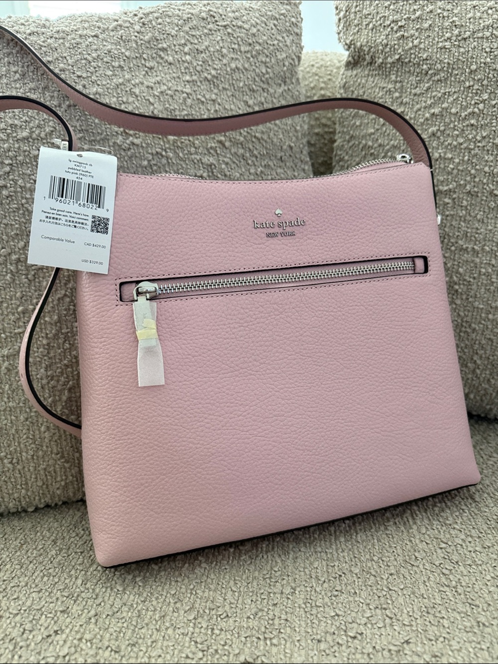kate spade blush pink pebbled leather crossbody with silver zipper